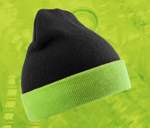 Result RC930X - Recycled acrylic beanie with contrast flap Black / Lime