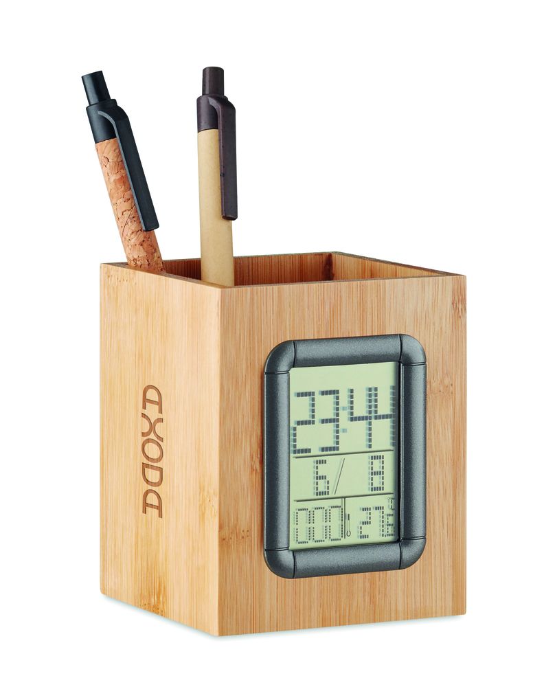 GiftRetail MO6289 - MANILA Bamboo penholder and LCD clock